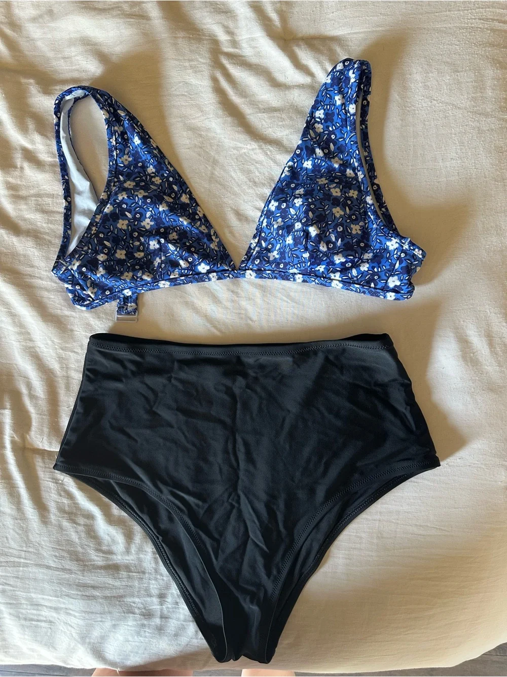 AERIE Swim Set with Blue Floral Triangle Top & Black High-Waist Bottom - Picture 4 of 5